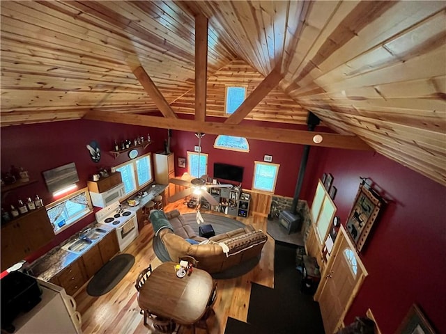 351 2nd Ave, North-Other Area, PA 16353 - living area featuring wooden ceiling, lofted ceiling, wood finished floors, and a wood stove