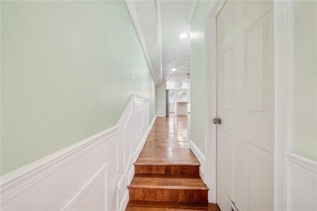 324 Orwell Way, Bloomfield, PA 15224 - stairway featuring wood finished floors and ornamental molding