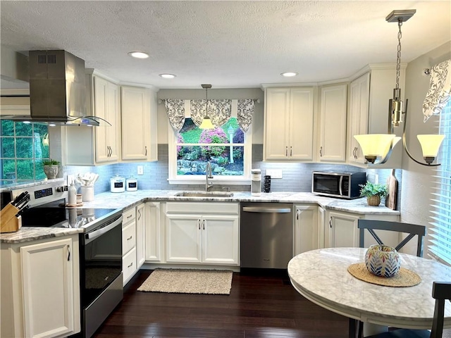 112 Bandywine, Penn Twp Wml, PA 15642 - kitchen with appliances with stainless steel finishes, wall chimney exhaust hood, a sink, dark wood-type flooring, and white cabinets