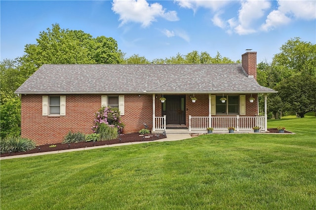 465 Hewitt Ave, Canton Twp, PA 15301 - ranch-style house featuring a porch, brick siding, a chimney, a front yard, and roof with shingles
