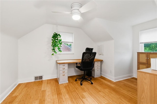 471 Filmore Rd, Forest Hills Boro, PA 15221 - home office featuring light wood-type flooring, ceiling fan, vaulted ceiling, and baseboards