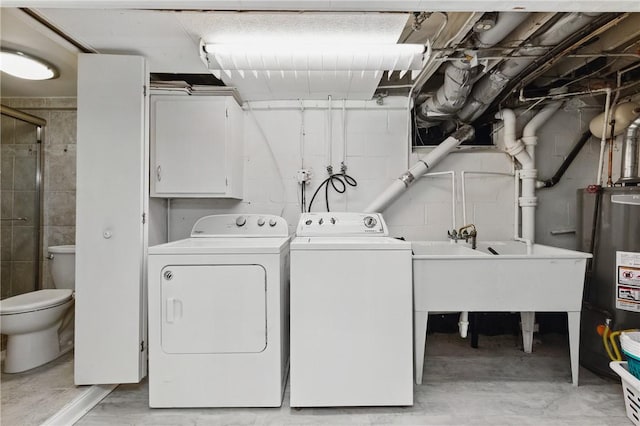471 Filmore Rd, Forest Hills Boro, PA 15221 - laundry area with separate washer and dryer, water heater, a sink, and concrete block wall