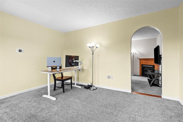300 Green Flds, Cranberry Twp, PA 16066 - office featuring carpet floors, a fireplace, arched walkways, a textured ceiling, and baseboards