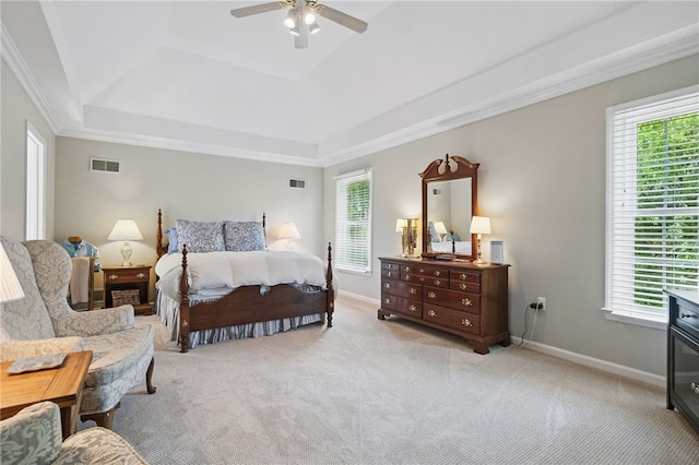 2536 Appletree Dr, Upper St Clair, PA 15241 - bedroom with a raised ceiling, light colored carpet, multiple windows, ornamental molding, and a ceiling fan