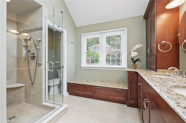 2536 Appletree Dr, Upper St Clair, PA 15241 - full bathroom with toilet, lofted ceiling, a stall shower, double vanity, and tile patterned flooring