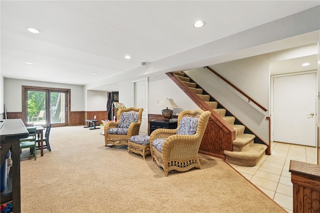 2536 Appletree Dr, Upper St Clair, PA 15241 - living room featuring wainscoting, stairway, recessed lighting, light colored carpet, and light tile patterned floors