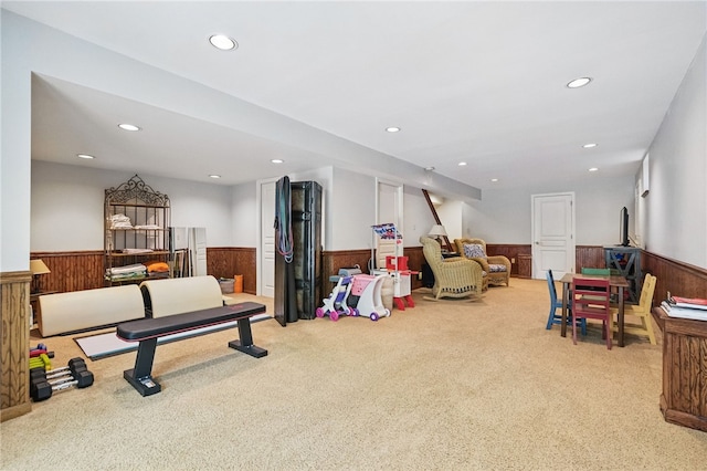 2536 Appletree Dr, Upper St Clair, PA 15241 - rec room featuring a wainscoted wall, carpet floors, recessed lighting, and wood walls