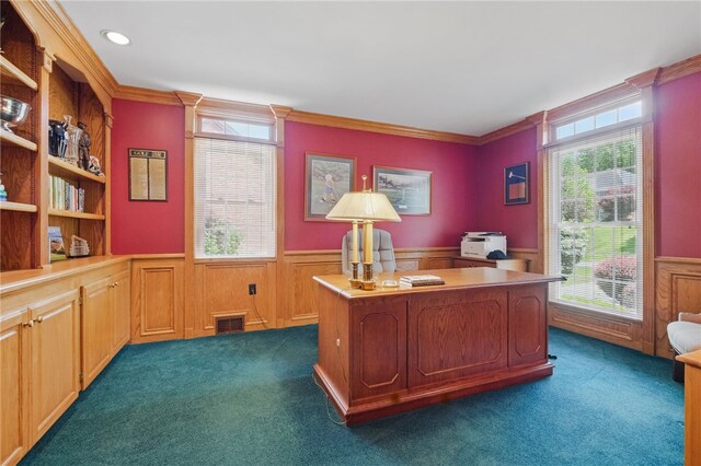 2536 Appletree Dr, Upper St Clair, PA 15241 - office featuring a wainscoted wall, dark colored carpet, healthy amount of natural light, ornamental molding, and wood walls
