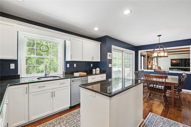 2536 Appletree Dr, Upper St Clair, PA 15241 - kitchen featuring stainless steel dishwasher, a sink, dark wood-style floors, white cabinets, and recessed lighting