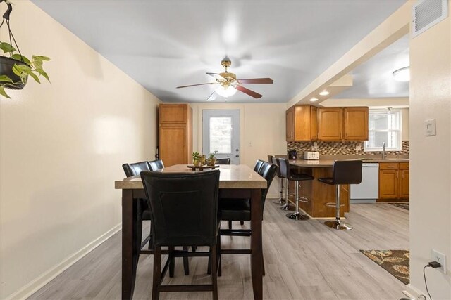 53 Escalon Dr, Findlay Twp, PA 15108 - dining room featuring light wood-style flooring, plenty of natural light, ceiling fan, and baseboards