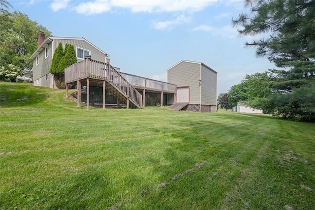 53 Escalon Dr, Findlay Twp, PA 15108 - back of house with a wooden deck, stairs, a lawn, and a chimney