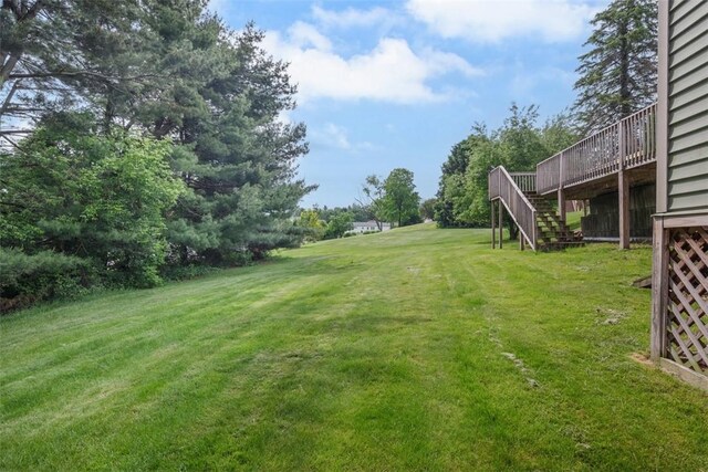 53 Escalon Dr, Findlay Twp, PA 15108 - view of grassy yard with a wooden deck and stairway