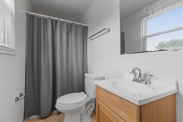 53 Escalon Dr, Findlay Twp, PA 15108 - bathroom with toilet, vanity, tile patterned flooring, and a shower with shower curtain