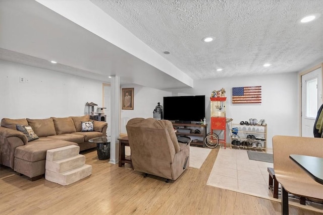 53 Escalon Dr, Findlay Twp, PA 15108 - living room with a textured ceiling, recessed lighting, and light wood-style floors