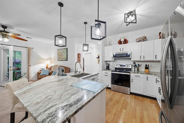 200 Hidden Ridge Ct Unit 202, South Park, PA 15129 - kitchen with appliances with stainless steel finishes, a sink, open floor plan, backsplash, and white cabinetry