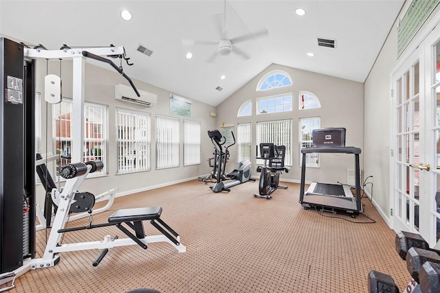 200 Hidden Ridge Ct Unit 202, South Park, PA 15129 - exercise room featuring a wall unit AC, carpet, a ceiling fan, french doors, and recessed lighting