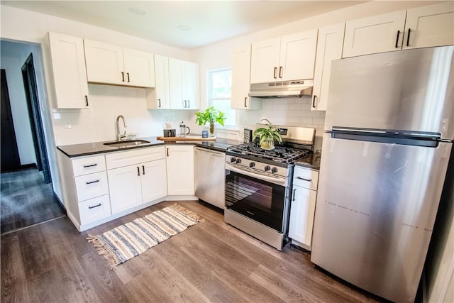 721 Grant Ave, West Mifflin, PA 15122 - kitchen featuring appliances with stainless steel finishes, a sink, under cabinet range hood, dark countertops, and dark wood-style floors