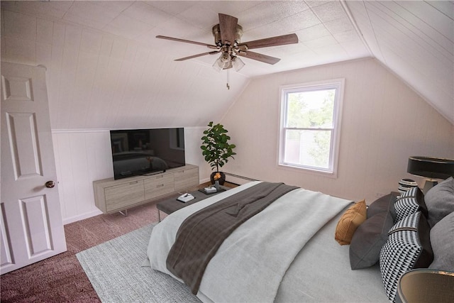 721 Grant Ave, West Mifflin, PA 15122 - bedroom with carpet floors, vaulted ceiling, a ceiling fan, and a baseboard heating unit