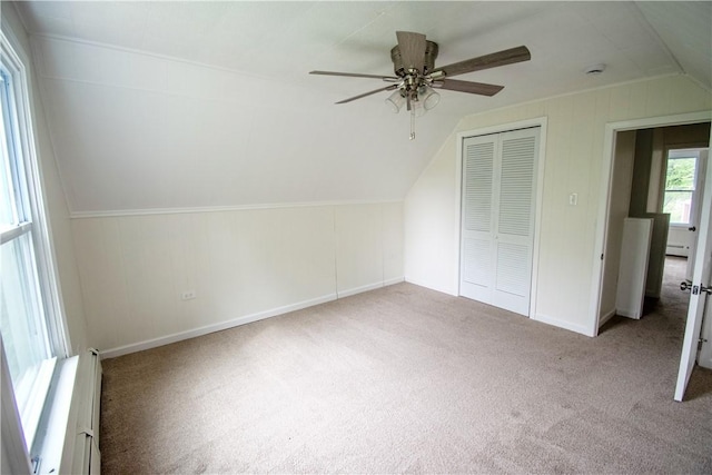 721 Grant Ave, West Mifflin, PA 15122 - additional living space with lofted ceiling, carpet floors, a ceiling fan, baseboards, and baseboard heating