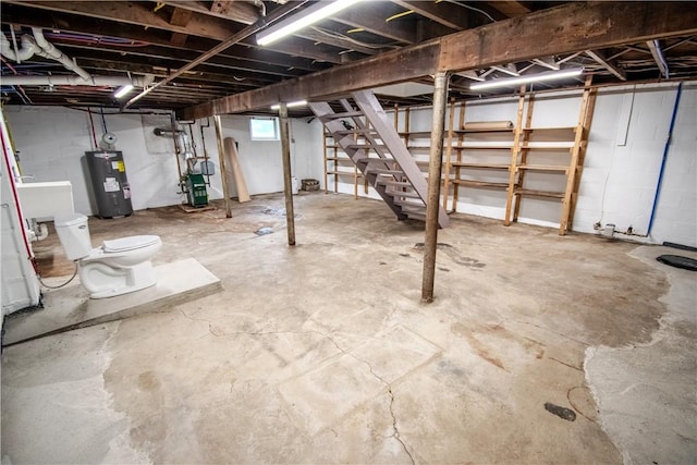 721 Grant Ave, West Mifflin, PA 15122 - below grade area featuring electric water heater, stairway, a heating unit, and a sink