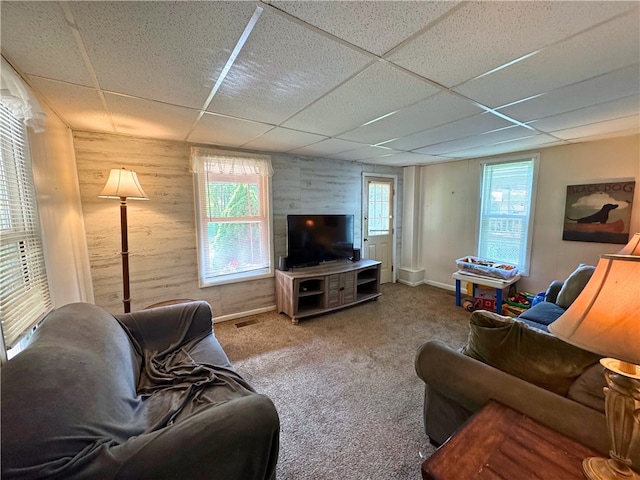 27 Oak Hill Dr, Pine Twp Mer, PA 16127 - carpeted living area featuring a paneled ceiling and wooden walls