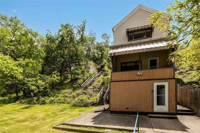 329 Ivondale St, Greenfield, PA 15207 - rear view of house with stairs, a yard, and a patio area