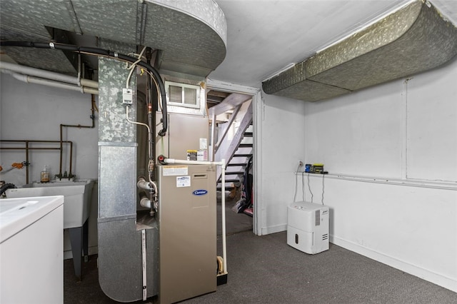 329 Ivondale St, Greenfield, PA 15207 - below grade area featuring carpet flooring, heating unit, stairway, a sink, and washer / dryer