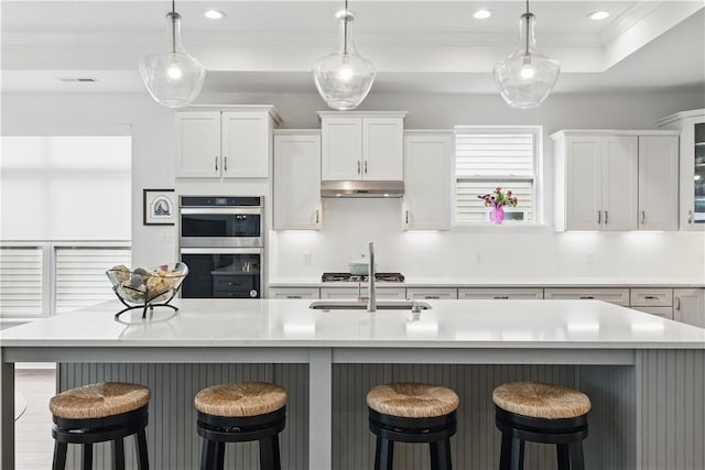 2019 Aiken Ct, Robinson Twp Nwa, PA 15136 - kitchen featuring under cabinet range hood, white cabinetry, ornamental molding, light countertops, and recessed lighting