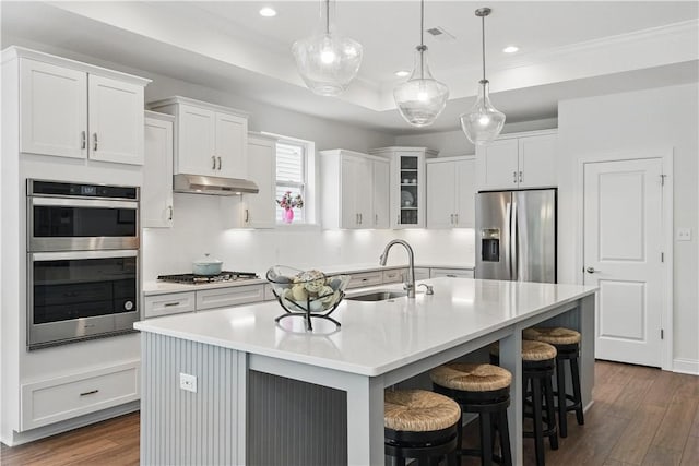 2019 Aiken Ct, Robinson Twp Nwa, PA 15136 - kitchen with stainless steel appliances, a sink, dark wood finished floors, under cabinet range hood, and crown molding