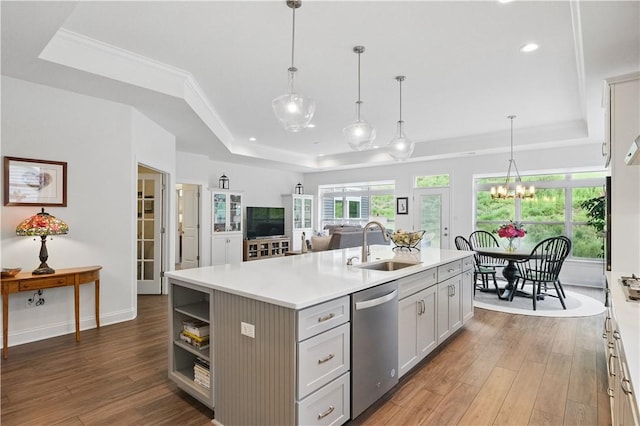 2019 Aiken Ct, Robinson Twp Nwa, PA 15136 - kitchen featuring a raised ceiling, dishwasher, a sink, light wood-style floors, and light countertops