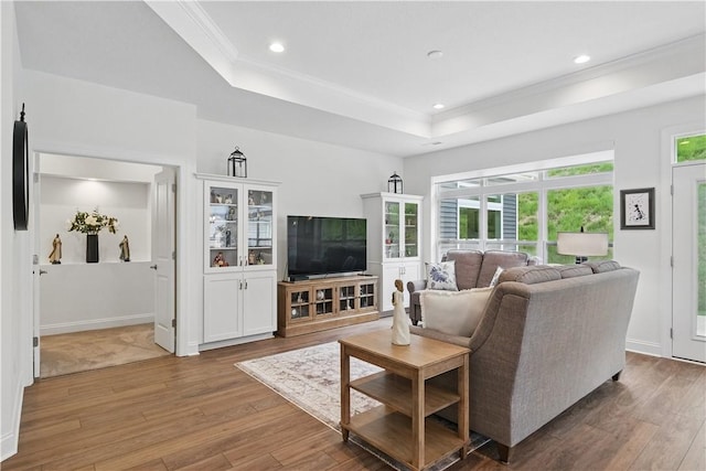 2019 Aiken Ct, Robinson Twp Nwa, PA 15136 - living room with a raised ceiling, hardwood / wood-style floors, crown molding, and recessed lighting