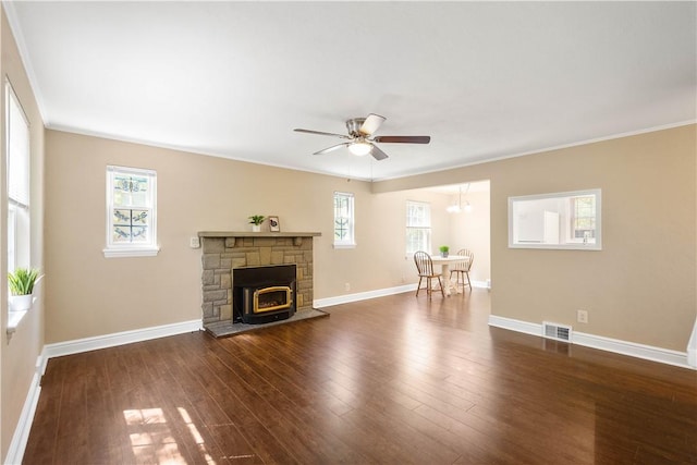 105 Brookwood Rd, Peters Twp, PA 15367 - unfurnished living room with ceiling fan, healthy amount of natural light, dark wood-style floors, and crown molding