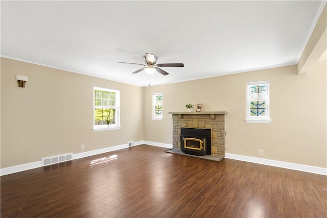 105 Brookwood Rd, Peters Twp, PA 15367 - unfurnished living room with ceiling fan, baseboards, dark wood-style floors, a stone fireplace, and ornamental molding