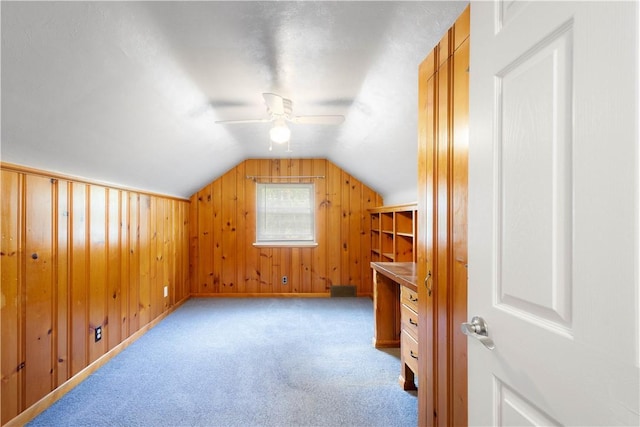 105 Brookwood Rd, Peters Twp, PA 15367 - additional living space featuring a ceiling fan, vaulted ceiling, carpet flooring, wood walls, and baseboards