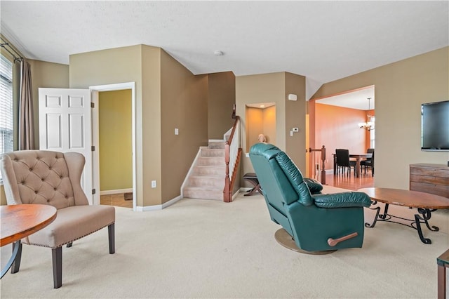 3005 Village Run Rd, Pine Twp Nal, PA 15090 - carpeted living area featuring stairs, a chandelier, and baseboards