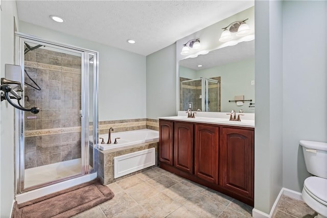 3005 Village Run Rd, Pine Twp Nal, PA 15090 - bathroom with a bath, a shower stall, toilet, double vanity, and a textured ceiling