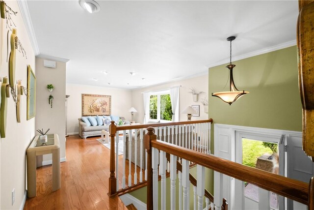 842 Towercrest Dr, Mt Lebanon, PA 15228 - hall featuring an upstairs landing, crown molding, wood finished floors, and baseboards