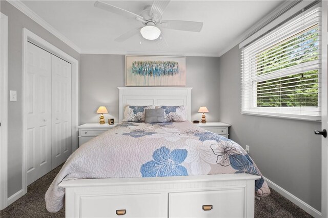 842 Towercrest Dr, Mt Lebanon, PA 15228 - bedroom with carpet, baseboards, ornamental molding, a closet, and ceiling fan