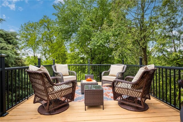 842 Towercrest Dr, Mt Lebanon, PA 15228 - wooden deck with an outdoor hangout area and view of wooded area