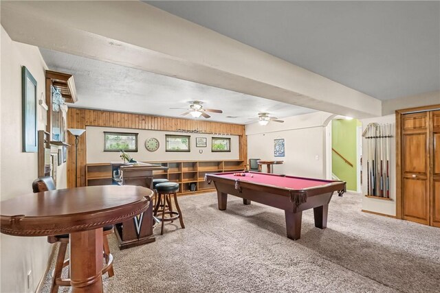 842 Towercrest Dr, Mt Lebanon, PA 15228 - recreation room with billiards, carpet flooring, and ceiling fan