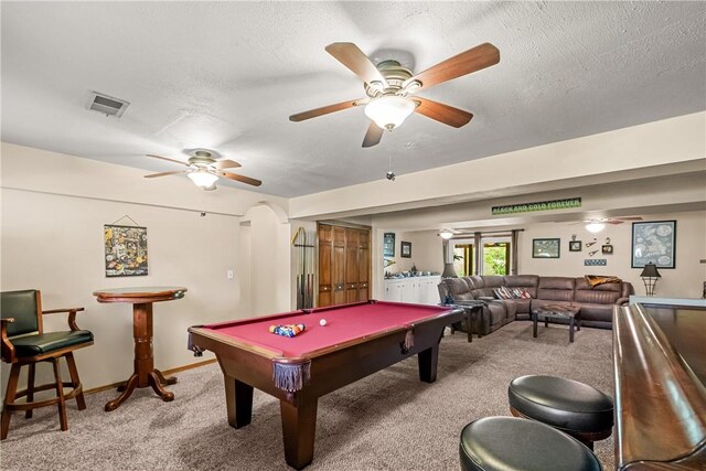 842 Towercrest Dr, Mt Lebanon, PA 15228 - rec room with light colored carpet, ceiling fan, billiards table, a textured ceiling, and baseboards