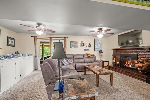 842 Towercrest Dr, Mt Lebanon, PA 15228 - living area with a ceiling fan, light carpet, and a fireplace
