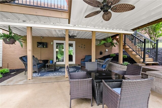 842 Towercrest Dr, Mt Lebanon, PA 15228 - view of patio / terrace with ceiling fan, an outdoor living space, stairway, and outdoor dining space