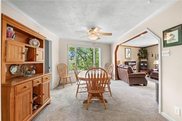 842 Towercrest Dr, Mt Lebanon, PA 15228 - dining area featuring light carpet, crown molding, ceiling fan, a textured ceiling, and baseboards