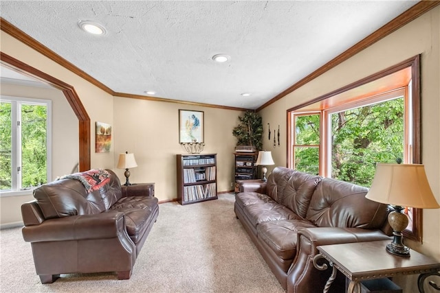 842 Towercrest Dr, Mt Lebanon, PA 15228 - living room featuring light carpet, baseboards, recessed lighting, a textured ceiling, and crown molding
