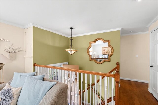 842 Towercrest Dr, Mt Lebanon, PA 15228 - corridor with an upstairs landing, wood finished floors, ornamental molding, and baseboards