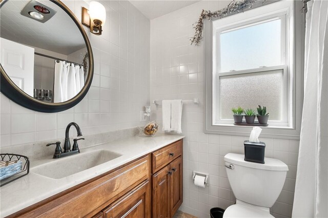 842 Towercrest Dr, Mt Lebanon, PA 15228 - bathroom featuring tile walls, vanity, toilet, tasteful backsplash, and curtained shower