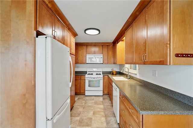 349 State Ave, Beaver, PA 15009 - kitchen featuring white appliances, brown cabinetry, dark countertops, and a sink