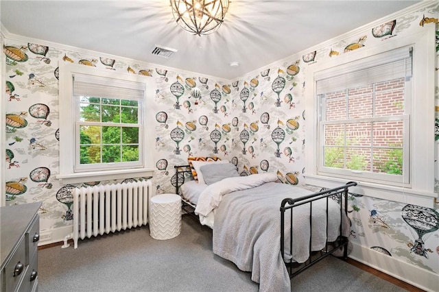 5810 Hampton St, Highland Park, PA 15206 - bedroom featuring radiator, wallpapered walls, crown molding, and baseboards