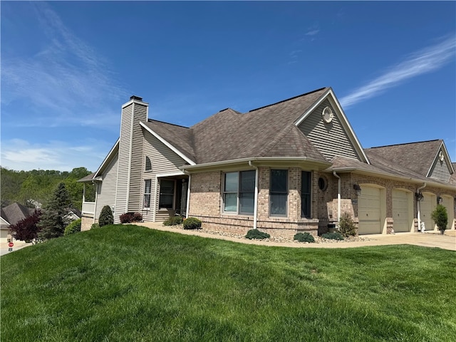 2201 Hunt Club Dr, Hempfield Twp Wml, PA 15601 - view of front of home with brick siding, a chimney, an attached garage, and a front yard